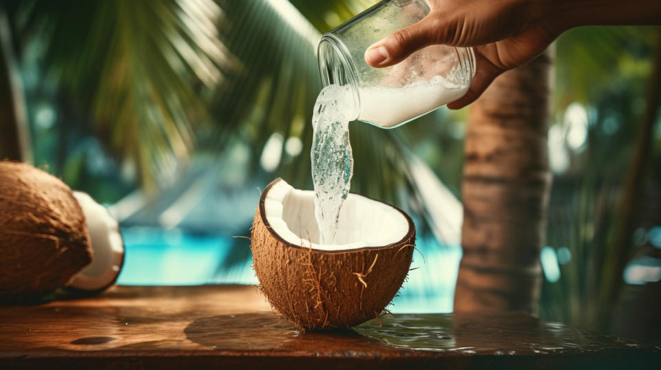 A close-up of a hand pouring a refreshing glass of coconut water.
