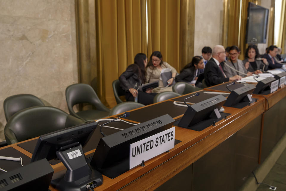 The seat of the US delegation is empty in protest against the presidency of Venezuela during the Conference on Disarmament at the European headquarters of the United Nations in Geneva, Switzerland, Tuesday, May 28, 2019. (Salvatore Di Nolfi/Keystone via AP)