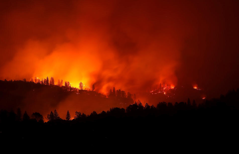 The Camp fire burns in the hills near Oroville, California,&nbsp;on Sunday. (Photo: Getty Editorial)