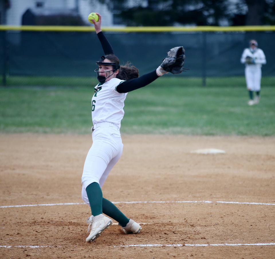 Franklin D. Roosevelt's Kayla Baez delivers a pitch during an April 2022 softball game.