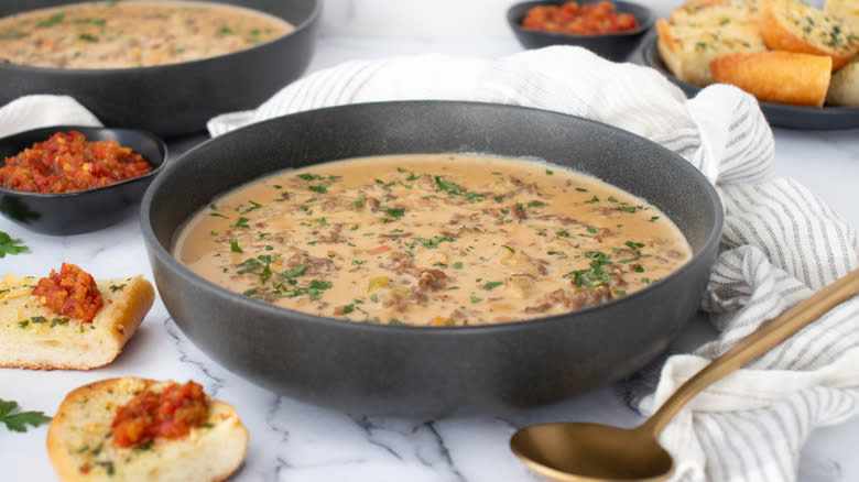 philly cheesesteak soup in bowl