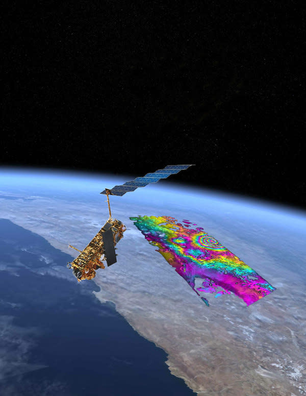 ENVISAT satellite collecting data of the spot of magma uplift over South America.