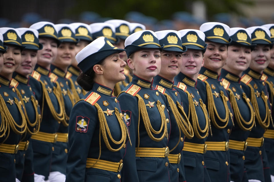 Russian servicewomen march during the Victory Day military parade in Moscow, Russia, Thursday, May 9, 2024, marking the 79th anniversary of the end of World War II. (AP Photo/Alexander Zemlianichenko)