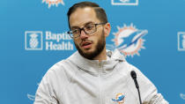 Miami Dolphins head coach Mike McDaniel speaks to the media before practice at Baptist Health Training Complex in Hard Rock Stadium on Wednesday, Dec. 28, 2022, in Miami Gardens, Fla. Dolphins quarterback Tua Tagovailoa sustained his second concussion of the season in last week’s loss to Green Bay, Miami coach McDaniel confirmed Wednesday. Tagovailoa has not been officially ruled out for Sunday's pivotal game at New England, though it's unknown when the Dolphins will see him on the field again. (David Santiago/Miami Herald via AP)