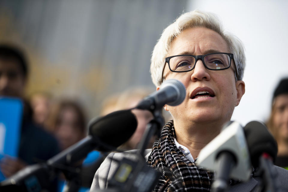 FILE - Tina Kotek holds a press conference in Tom McCall Waterfront Park in downtown Portland, Ore., on Nov. 10, 2022. Kotek, the Oregon Gov.-elect, says solving homelessness in Oregon will be her No. 1 priority. (Dave Killen/The Oregonian via AP, File)