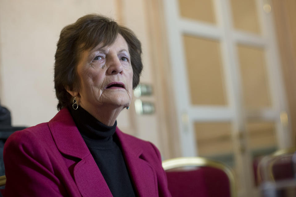 Philomena Lee talks to reporters during a press conference in Rome, Thursday, Feb. 6, 2014, after her meeting with Pope Francis a day earlier and the Oscar-nominated film based on her story of trying to find a son taken from her 50 years earlier. One of the main criticisms of the Vatican in a U.N. report on sex abuse was the Holy See's failure to investigate the arbitrary placement of girls in church-run workhouses in Ireland, where their out-of-wedlock babies were taken from them and put up for adoption. (AP Photo/Andrew Medichini)