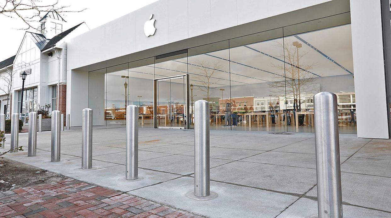 The Apple store in the Derby Street Shops in Hingham has reopened with new barriers in place after November's fatal crash. Wednesday, Jan. 11, 2023.