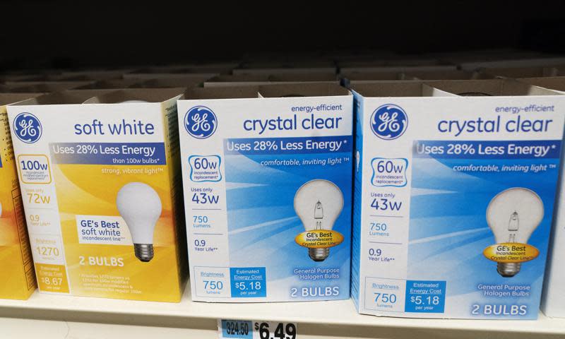 General Electric light bulbs are displayed in a supermarket April 5, 2021, in New York. The Biden administration is scrapping old-fashioned incandescent light bulbs. Rules finalized by the Energy Department will require manufacturers to sell energy-efficient lightbulbs.