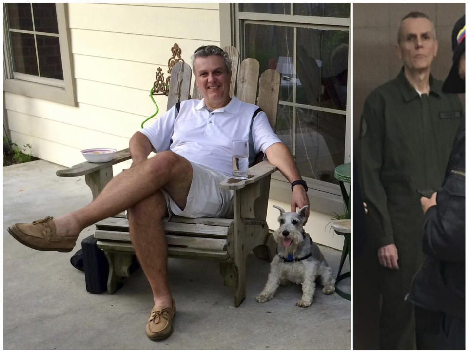 This photo combo shows Citgo executive Tomeu Vadell at his home in Lake Charles, Louisiana in July 2015, left, and three and a half years later while in confinement in a Venezuelan jail in January 2019. Vadell’s family says he’s lost more than 60 pounds due to malnutrition since he and five other Citgo employees were arrested, for alleged embezzlement and treason, during a meeting at Venezuela's state oil company PDVSA the weekend before Thanksgiving in 2017. The photo at left was provided by Tomeu's daughter Cristina, and the photo at right was obtained by The Associated Press. (Cristina Vadell via AP, left, and AP photo, right)