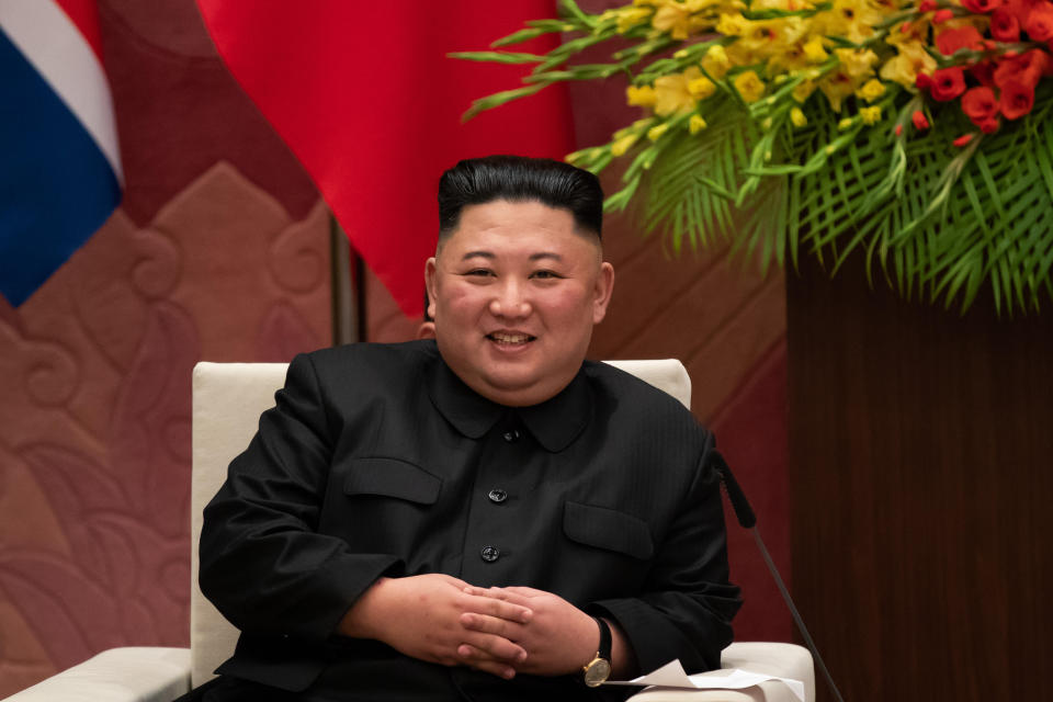 North Korea's leader Kim Jong Un smiles while speaking to Vietnam's National Assembly chairwoman Nguyen Thi Kim Ngan (not pictured) during a bilateral meeting in Hanoi on March 1, 2019. (Photo by SeongJoon Cho / POOL / AFP)        (Photo credit should read SEONGJOON CHO/AFP/Getty Images)