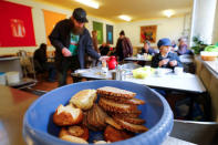 One day-old bread from a food bank lies in a basket as people in need eat a vegetable soup in the soup kitchen "Kana" in a poor district of the city of Dortmund, western Germany, April 7, 2017. REUTERS/Wolfgang Rattay