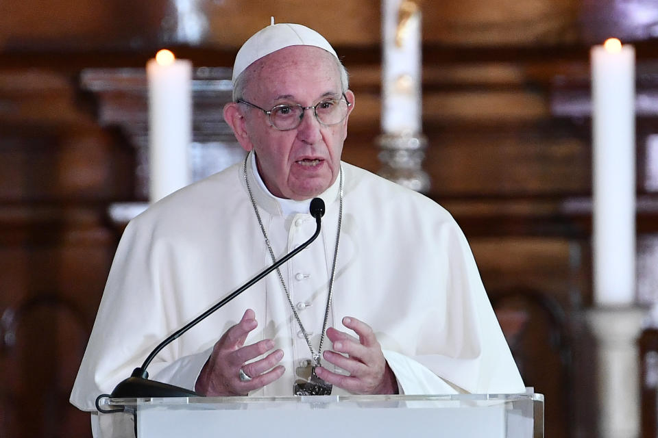 Pope Francis gives a speech during an ecumenical meeting with young people on Sept. 25, 2018, at the Charles Lutheran church (Kaarli Kirik) in Tallinn, Estonia. (Photo: VINCENZO PINTO via Getty Images)