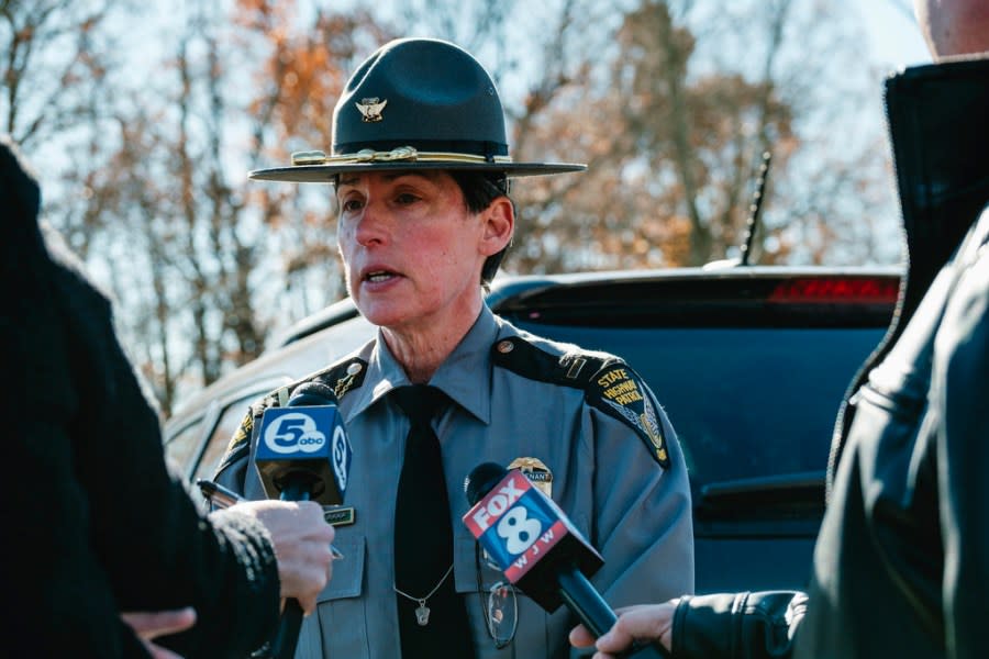 Laura Taylor, New Philadelphia post commander of the Ohio State Highway Patrol, talks with the media, Tuesday, Nov. 14, 2023, outside Tuscarawas Valley Middle/High School in Zoarville, Ohio. A charter bus filled with high school students was rear-ended by a semitruck on an Ohio highway earlier in the day, leaving several people dead and multiple others injured. (Andrew Dolph/Times Reporter via AP)