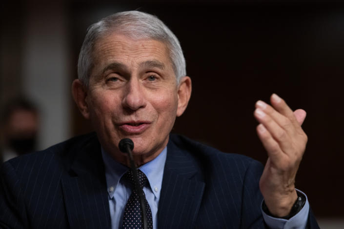 Dr. Anthony Fauci speaks into a microphone