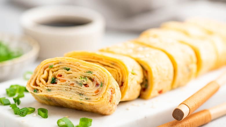 Rolled omelet on a block