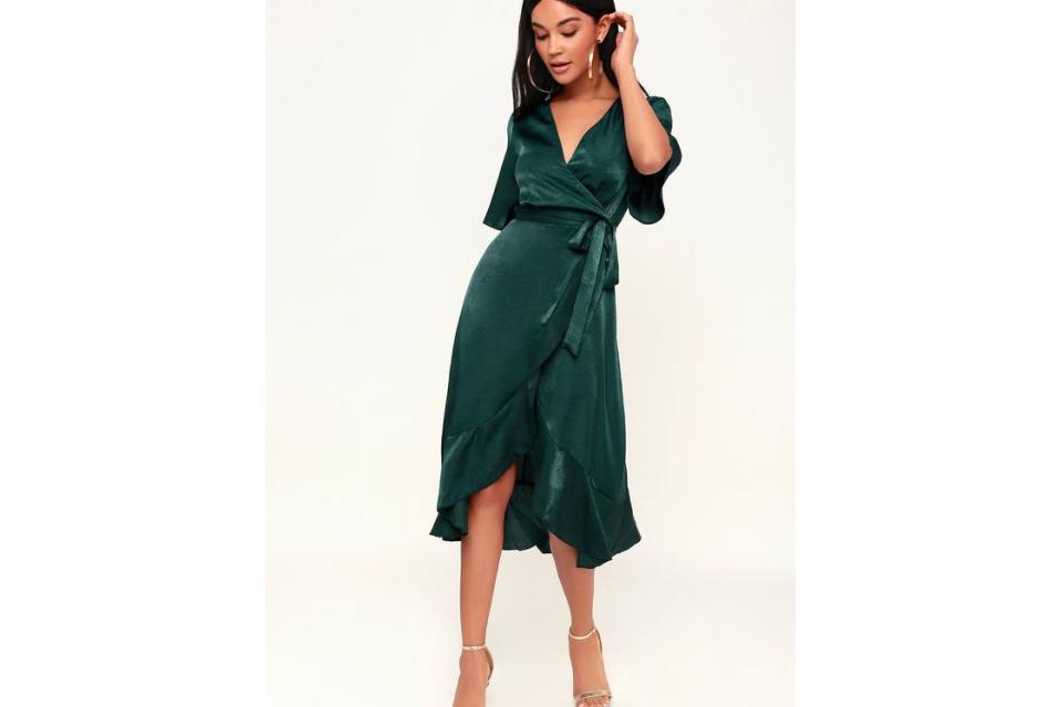 Lulus Satin Faux-Wrap Midi Dress