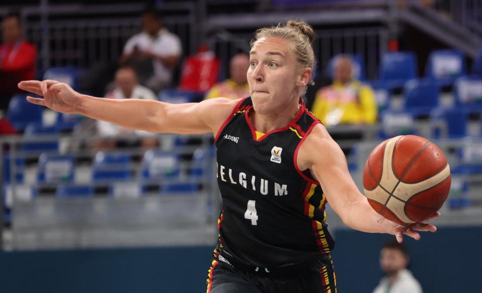 Belgium's Elise Ramette fights for the ball during a basketball game between Japan and Belgian national team the Belgian Cats, in the group stage of the women's tournament at the Paris 2024 Olympic Games, on Sunday 04 August 2024 in Paris, France. The Games of the XXXIII Olympiad are taking place in Paris from 26 July to 11 August. The Belgian delegation counts 165 athletes competing in 21 sports. BELGA PHOTO VIRGINIE LEFOUR (Photo by VIRGINIE LEFOUR / BELGA MAG / Belga via AFP) (Photo by VIRGINIE LEFOUR/BELGA MAG/AFP via Getty Images)