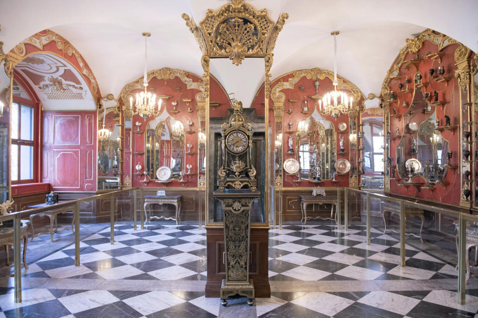 This Tuesday April 9, 2019 photo, shows a part of the collection at White Silver Room inside Dresden's Green Vault in Dresden. Authorities in Germany say thieves have carried out a brazen heist at Dresden’s Green Vault, one of the world’s oldest museum containing priceless treasures from around the world. (Sebastian Kahnert/dpa via AP)