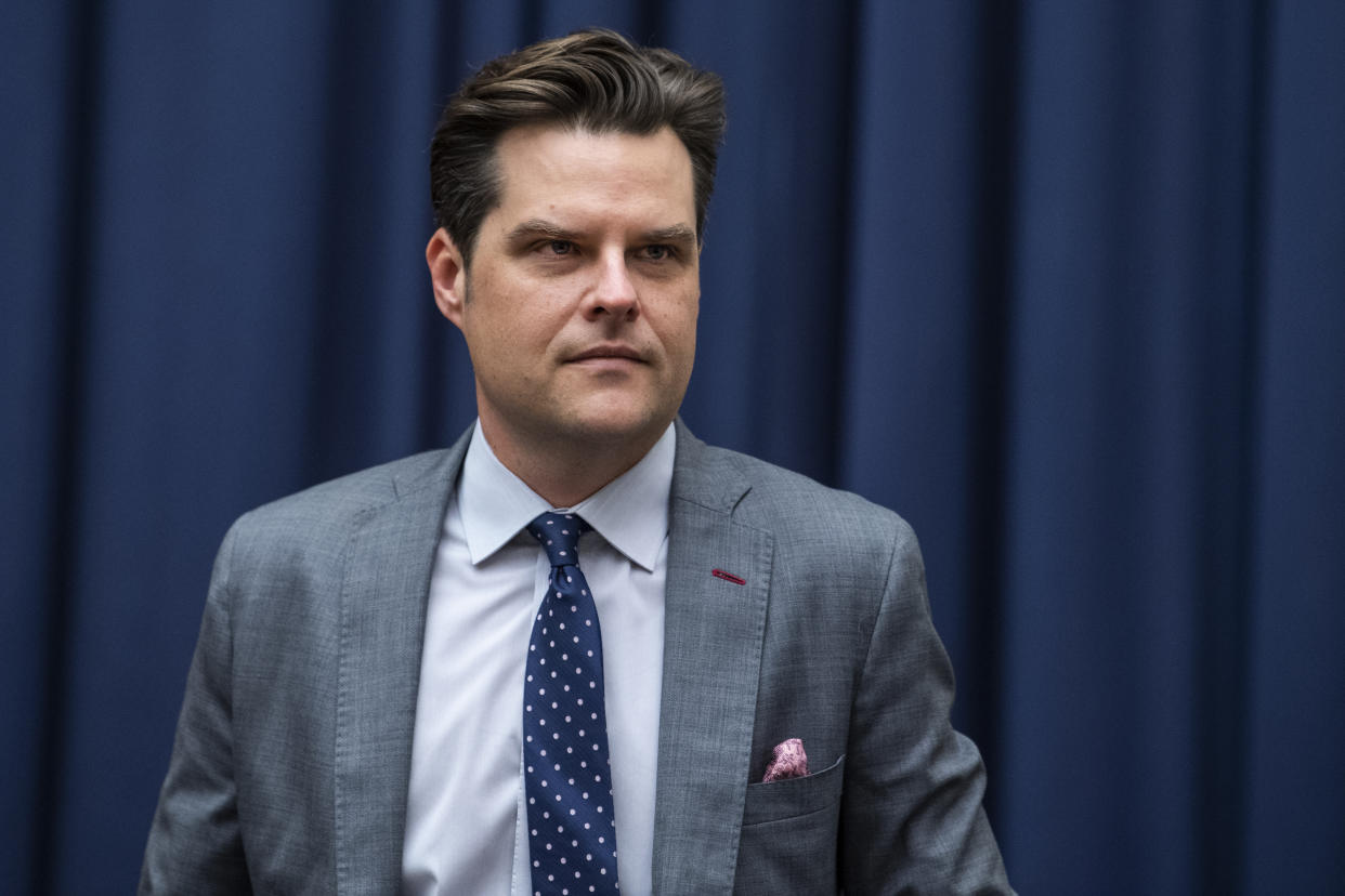 Rep. Matt Gaetz, R-Fla., arrives for a House Armed Services Committee hearing on Wednesday. (Photo By Tom Williams/CQ-Roll Call, Inc via Getty Images)