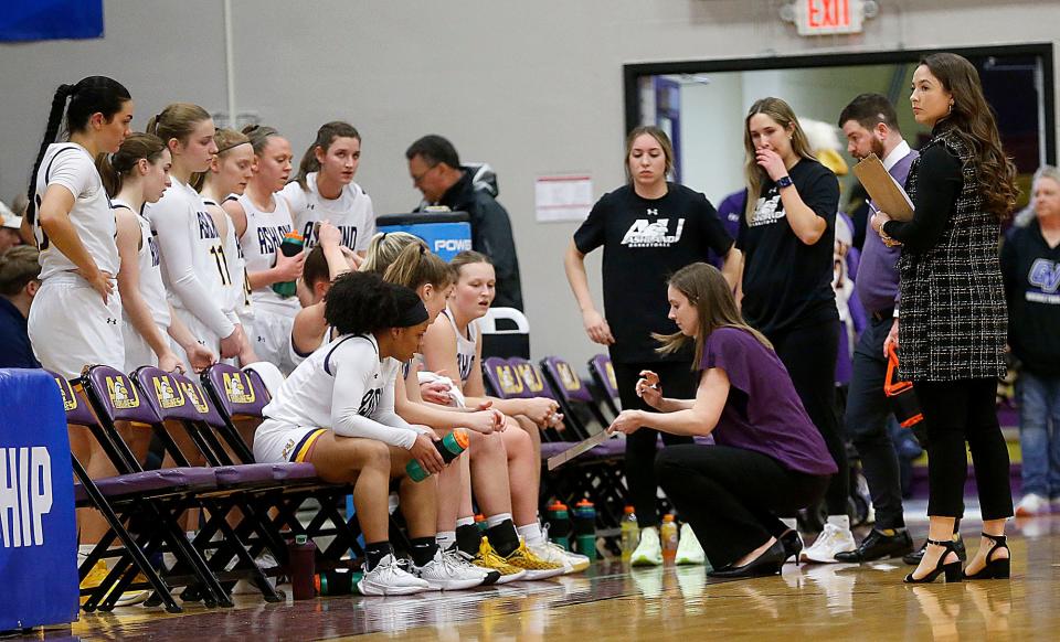 Ashland head coach Kari Pickens talks with her team during a timeout against Grand Valley State on March 13.