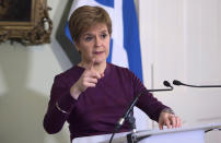 Scotland's First Minister Nicola Sturgeon sets out the case for a second referendum on Scottish independence, during a statement at Bute House in Edinburgh, Thursday, Dec. 19, 2019. (Neil Hanna/PA via AP)