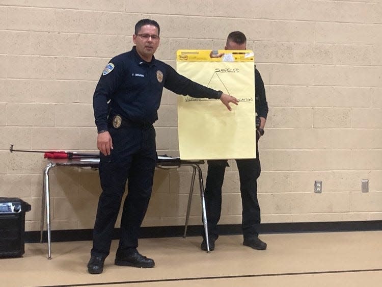 Lt. Frank Browning shows a graphic about the role of locations in crime at a community town hall on May 24, 2022.