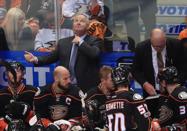 ANAHEIM, CA – MAY 20: Head Coach Randy Carlyle of the Anaheim Ducks looks up at the clock as assistant coach Ron MacLean draws up a play for Ducks players during a break in play in the third period of Game Five of the Western Conference Final during the 2017 Stanley Cup Playoffs at Honda Center on May 20, 2017 in Anaheim, California. (Photo by Sean M. Haffey/Getty Images)