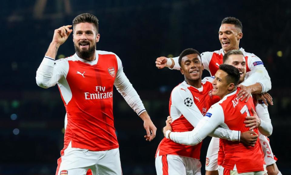 Olivier Giroud leads the celebrations after Marco Verratti’s own goal.