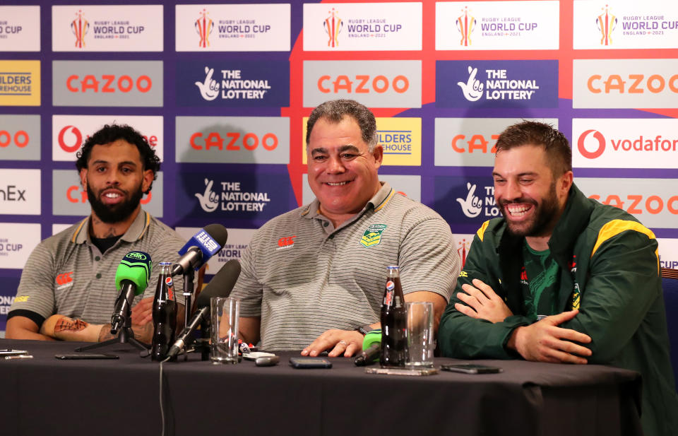 Josh Addo-Carr, Mal Meninga and James Tedesco, pictured here speaking to the media at the Rugby League World Cup.