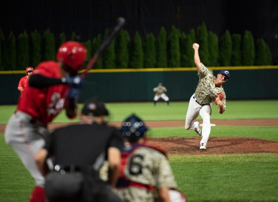 Columbus Clippers pitcher James Karinchak (28) pitches against the Louisville Bats during Wednesday night’s minor league game at Huntington Field in Columbus, Ohio, on Wednesday, Sept. 29, 2021. 