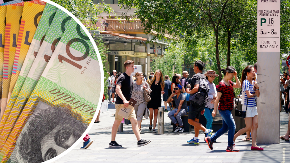 Australian walking. Australian money notes. Financial advice concept.