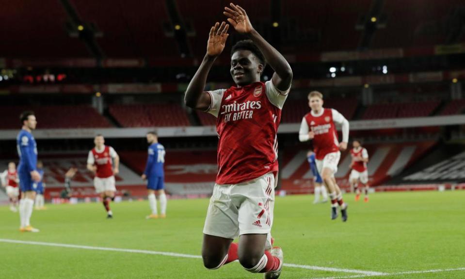 Bukayo Saka celebrates after his long-range goal made it 3-0 to Arsenal.