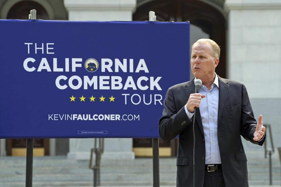 Republican Kevin Faulconer, a candidate for governor in the California recall election, addresses supporters at the Capitol in Sacramento, Calif., Friday, Aug. 20, 2021. Faulconer continued his criticism of Republican rival Larry Elder over past comments he's made about women in the workplace. (AP Photo/Rich Pedroncelli)