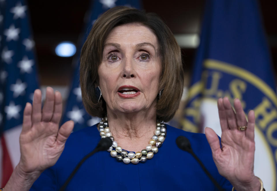 FILE - In this Feb. 6, 2020, file photo, Speaker of the House Nancy Pelosi, D-Calif., talks during a news conference at the Capitol in Washington. President Donald Trump and Pelosi have not spoken in five months at a time when the nation is battling its worst health crisis in a century. (AP Photo/J. Scott Applewhite, File)