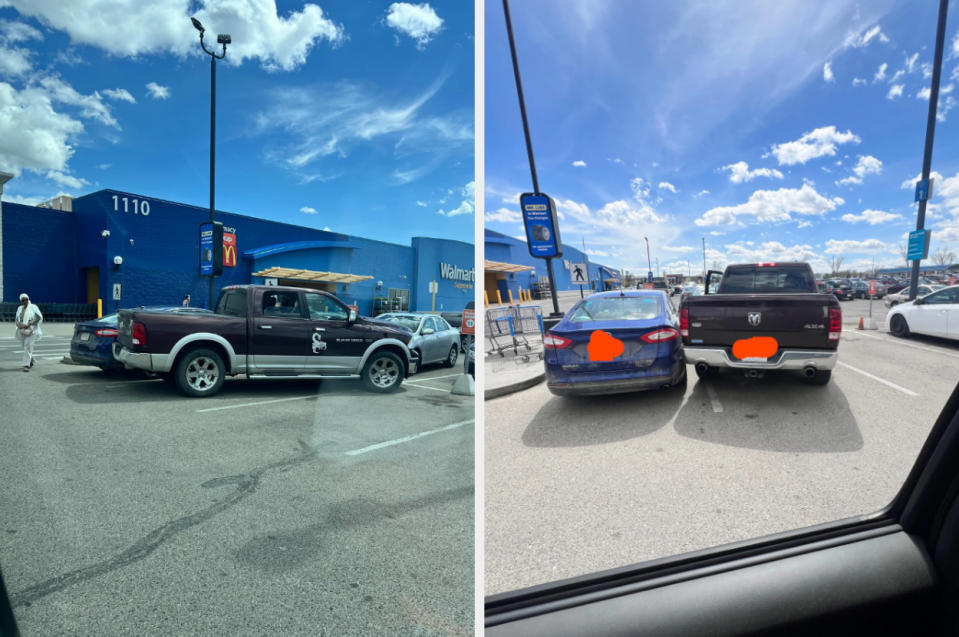 Two images show a black truck improperly parked across two spaces at a Walmart parking lot, blocking a blue car