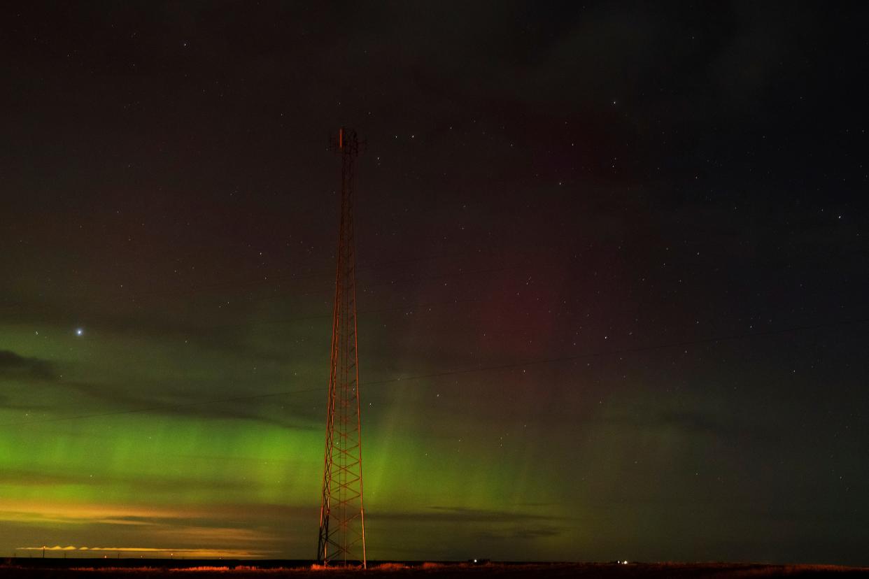 An aurora borealis, also known as the northern lights, is seen in the night sky on Sunday, Feb. 26, 2023, near Washtucna, Wash.