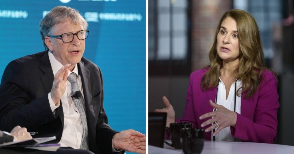 Split image of Bill and Melinda Gates, both talking.