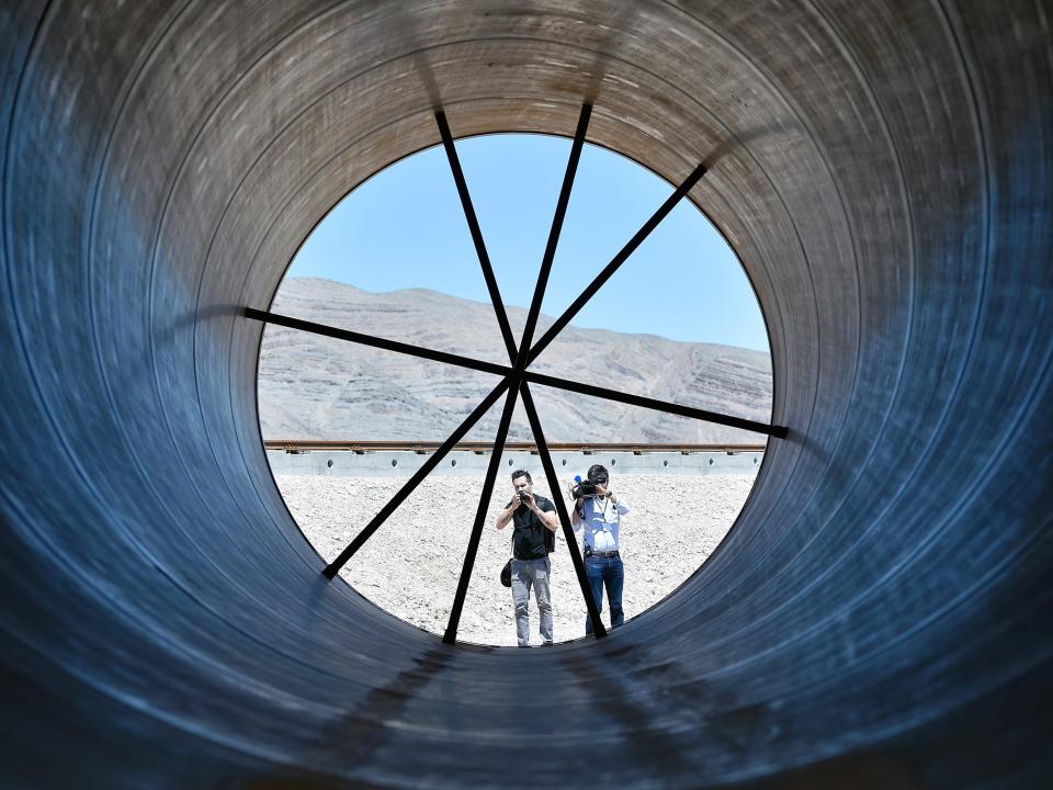 the interior of a Hyperloop tube after the first test of a propulsion system at the Hyperloop One Test and Safety site on May 11, 2016 in North Las Vegas, Nevada.