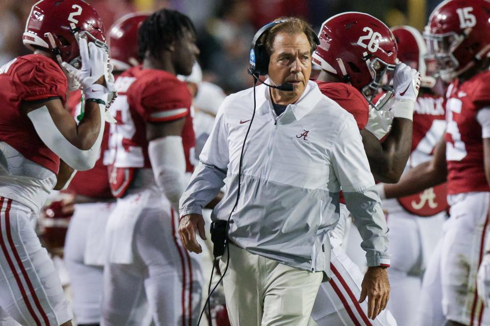 Nov 5, 2022; Baton Rouge, Louisiana, USA; Alabama Crimson Tide head coach Nick Saban looks on against the LSU Tigers during the first half at Tiger Stadium. Mandatory Credit: Stephen Lew-USA TODAY Sports