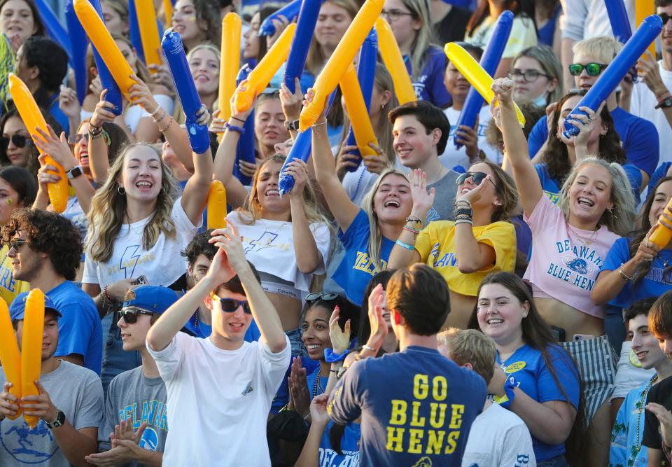 Delaware students cheer after the Hens took a 6-3 lead against St. Francis in the second quarter at Delaware Stadium Saturday, Sept. 11, 2021.