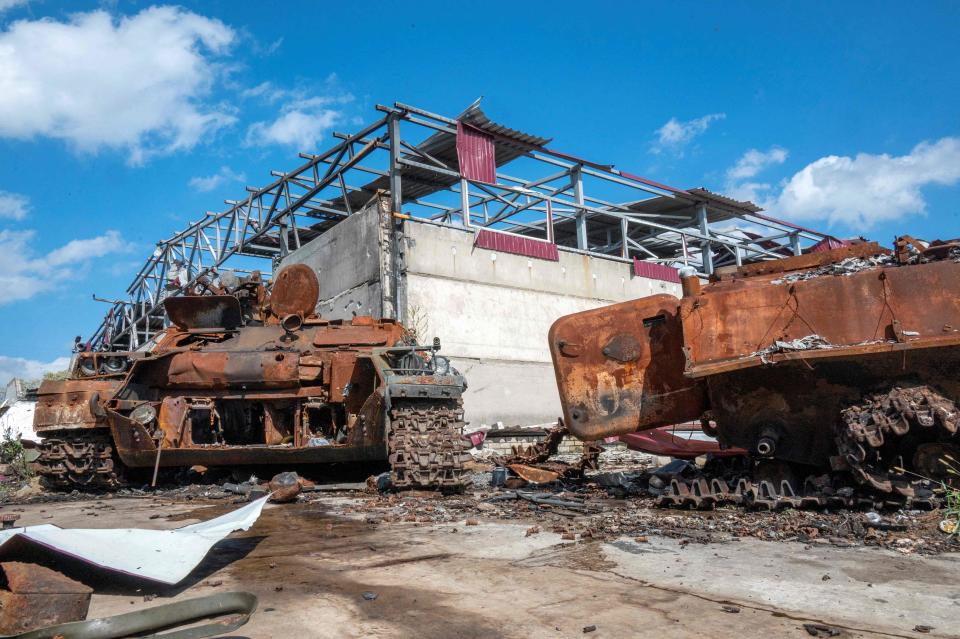 Destroyed Russian equipment in the village of Husarivka, Kharkiv province. (AFP via Getty Images)