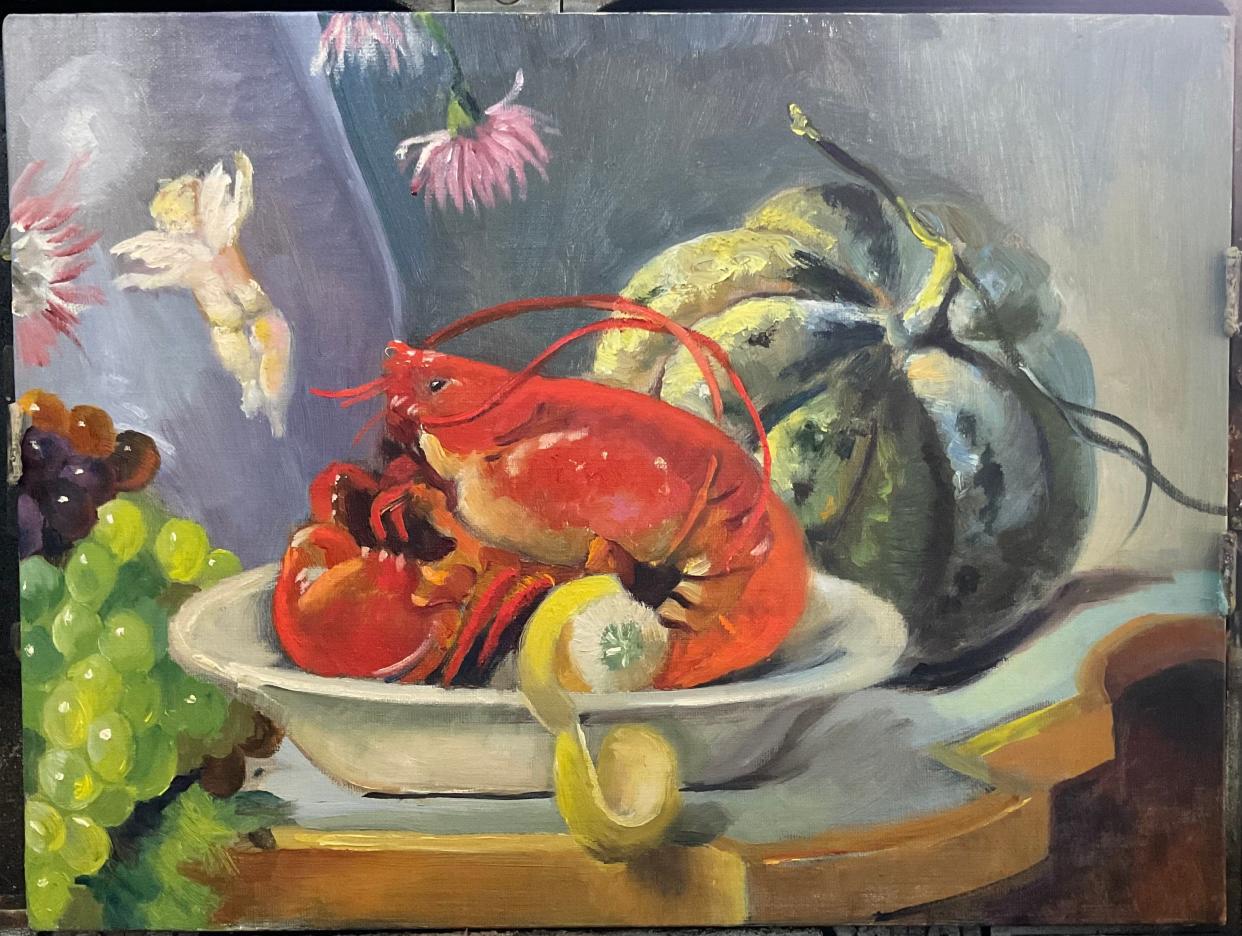 An Anna Singer paining inspired by Franz Hohenberger's “Fruits, Flowers and Lobster” hanging at the Merrick Art Gallery in New Brighton.