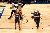 Feb 18, 2017; New Orleans, LA, USA; Indiana Pacers forward Glenn Robinson III (40) celebrates after making the winning dunk in the slam dunk contest during NBA All-Star Saturday Night at Smoothie King Center. Mandatory Credit: Bob Donnan-USA TODAY Sports