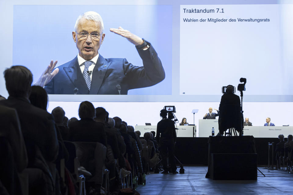 Swiss bank Credit Suisse Chairman Axel P. Lehmann attends the annual shareholders' meeting of the Swiss banking group on Tuesday, April 4, 2023 in Zurich, Switzerland. The chairman of Credit Suisse has apologized to shareholders for failures and acknowledged the shock and anger felt as the 167-year-old Swiss bank is set to be swallowed up by rival UBS in a government-arranged takeover.(Michael Buholzer/Keystone via AP)