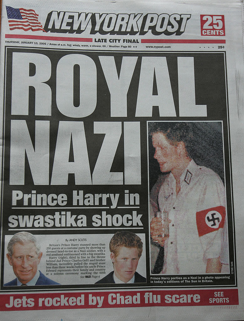 Headline: "Royal Nazi, Prince Harry in swastika shock" with a photo of Harry holding a drink while wearing the costume