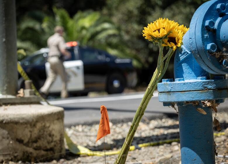 Trabuco Canyon, CA - August 24: A biker, who did not want to be identified, placed a bouquet of flowers in memorial for friends who were killed and injured at the edge of the crime scene along El Toro Road as Orange County Sheriff's deputy stands guard and investigators work the scene where a gunman killed three people and six were taken to hospitals after a shooting Wednesday night at Cook's Corner, a landmark biker bar at Cook's Corner in Trabuco Canyon Thursday, Aug. 24, 2023. An Ex-cop is the suspected gunman in mass shooting at O.C. biker bar, sources say; 4 dead, 6 injured. (Allen J. Schaben / Los Angeles Times)