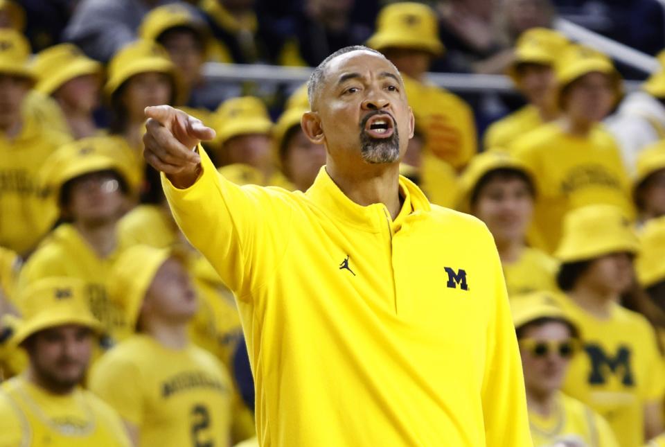 Michigan head coach Juwan Howard directs his team during the first half of an NCAA college basketball game against Michigan State Saturday, Feb. 17, 2024, in Ann Arbor, Mich. (AP Photo/Duane Burleson)