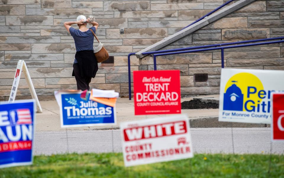 A voter walks in to vote at Bloomington High School South on Tuesday, May 7, 2024.