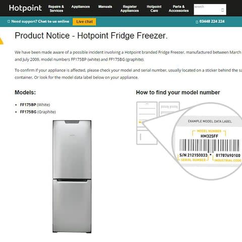 Hotpoint sent out a product notice about the affected model of fridge-freezer following the fire - Credit: Hotpoint/PA