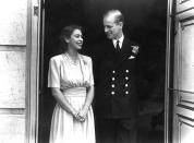 Princess Elizabeth and Prince Philip in 1946, around the time of their engagement. They met in 1934 at Philip's cousin's wedding to Prince George, the Queen's uncle. The engagement was not officially announced until July 1947.